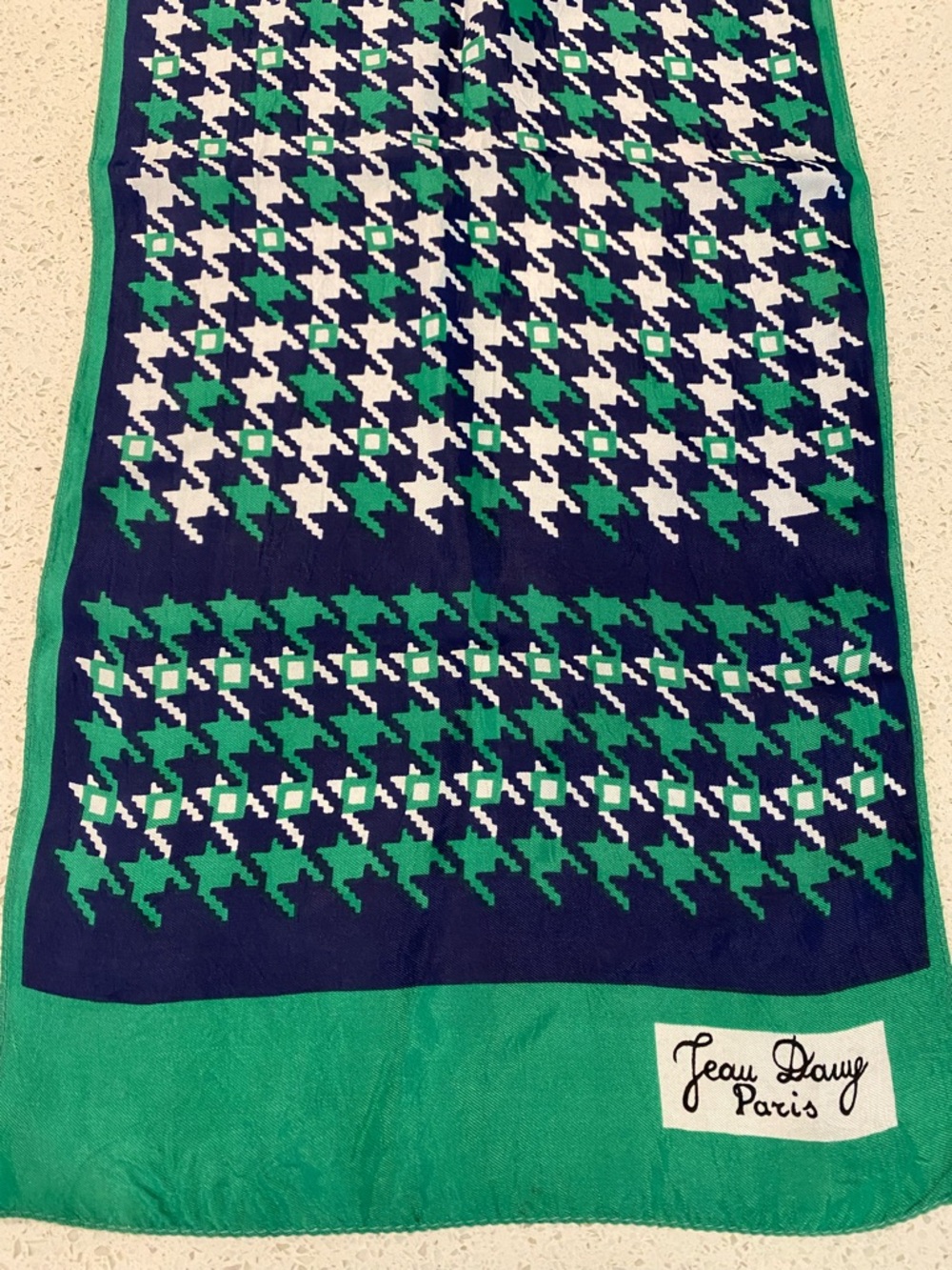 Vintage Jean Dauy Paris Navy, Green & White Houndstooth Scarf 11” x 52”